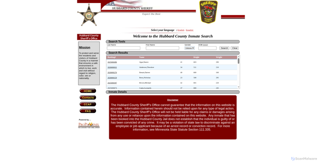 Security scan screenshot of https://prophoenix.co.hubbard.mn.us/InmateLocator/