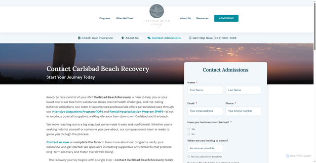 Security scan screenshot of https://carlsbadbeachrecovery.com/admissions/
