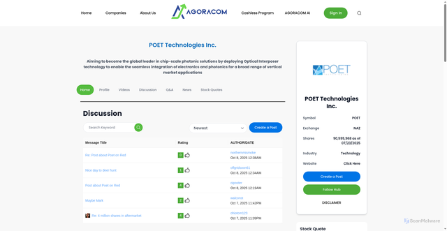 Security scan screenshot of https://agoracom.com/ir/POETTechnologies