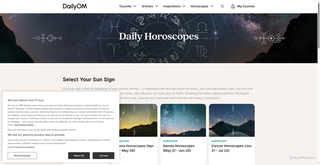 Security scan screenshot of https://www.dailyom.com/horoscopes/