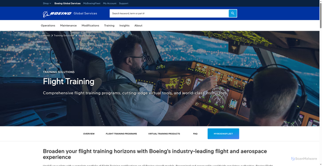 Security scan screenshot of https://services.boeing.com/training-solutions/flight-training