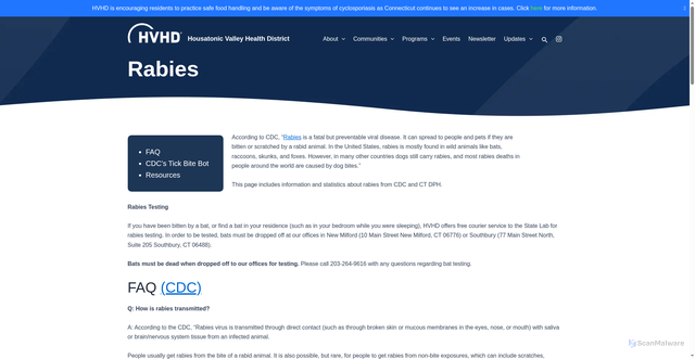 Security scan screenshot of https://hvhdct.gov/community-health/rabies/