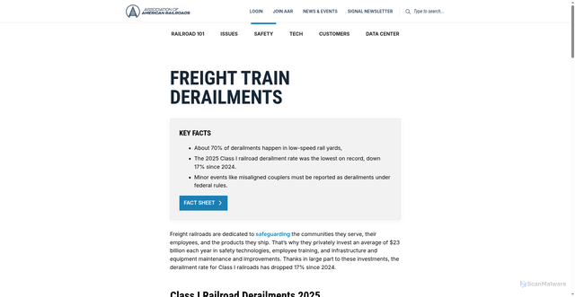 Security scan screenshot of https://www.aar.org/issue/derailments/