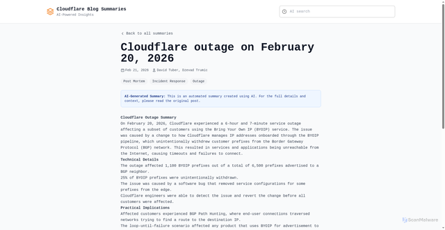 Security scan screenshot of https://autoblog-8xk.pages.dev/post/cloudflare-outage-february-20-2026
