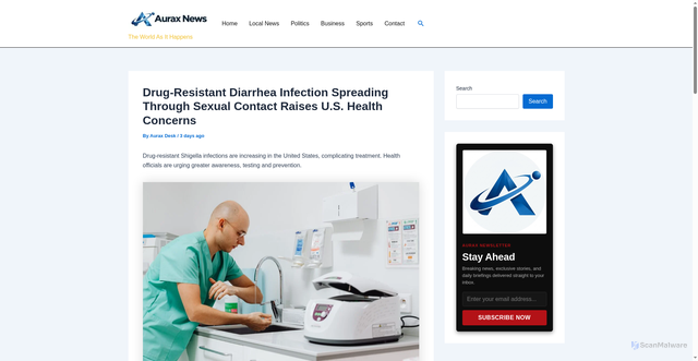 Security scan screenshot of https://auraxnews.com/drug-resistant-diarrhea-infection-spreading-through-sexual-contact-raises-u-s-health-concerns/