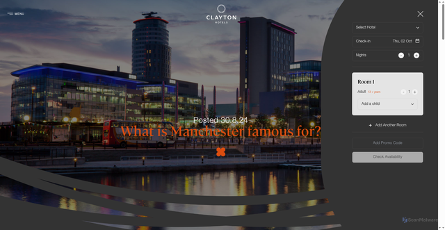 Security scan screenshot of https://www.claytonhotels.com/blog/what-is-manchester-famous-for/