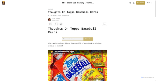 Security scan screenshot of https://baseballreplayjournal.substack.com/p/thoughts-on-topps-baseball-cards