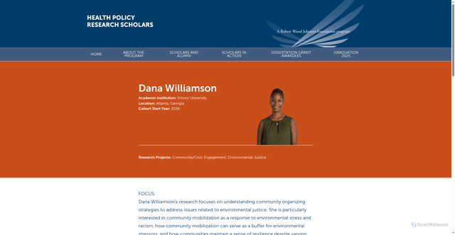 Security scan screenshot of https://healthpolicyresearch-scholars.org/scholars/dana-williamson-2/