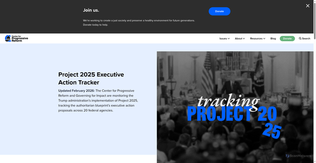 Security scan screenshot of https://progressivereform.org/tracking-trump-2/project-2025-executive-action-tracker/