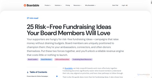 Security scan screenshot of https://boardable.com/resources/risk-free-fundraising-ideas/