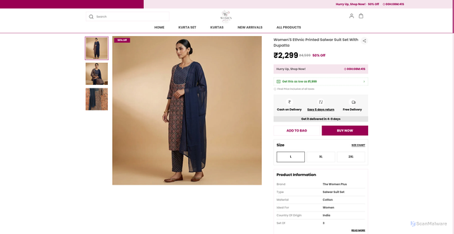 Security scan screenshot of https://thewomenplus.com/Womens-Ethnic-Printed-Salwar-Suit-Set-with-Dupatta/catalogue/fnZLvsEZ/aPTE1_oA