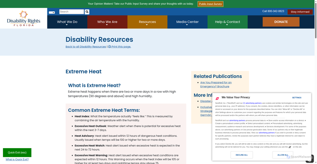 Security scan screenshot of https://disabilityrightsflorida.org/disability-topics/disability_topic_info/extreme_heat