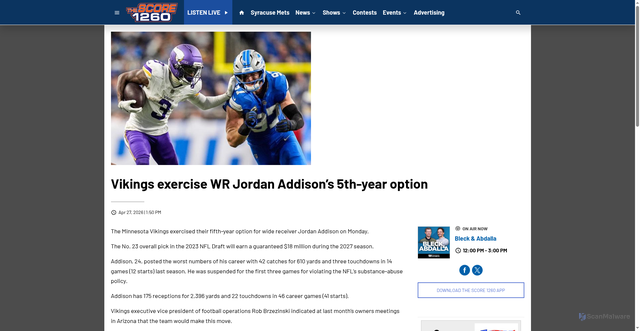 Security scan screenshot of https://www.thescore1260.com/2026/04/27/vikings-exercise-wr-jordan-addisons-5th-year-option/