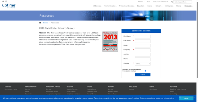 Security scan screenshot of https://uptimeinstitute.com/resources/asset/2013-data-center-industry-survey