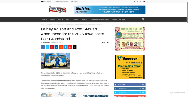 Security scan screenshot of https://ottumwaradio.com/2025/12/lainey-wilson-and-rod-stewart-announced-for-the-2026-iowa-state-fair-grandstand/