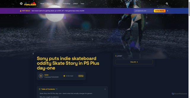 Security scan screenshot of https://finalboss.io/sony-puts-indie-skateboard-oddity-skate-story-in