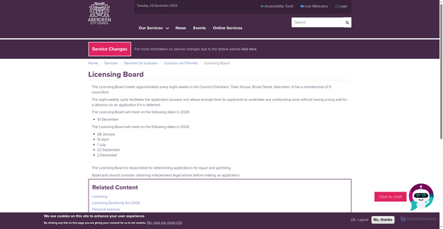 Security scan screenshot of https://www.aberdeencity.gov.uk/services/services-for-business/licences-and-permits/licensing-board