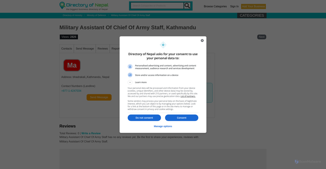 Security scan screenshot of http://directoryofnepal.com/page-id-415-p-directory-n-Military+Assistant+Of+Chief+Of+Army+Staff+Kathmandu.html