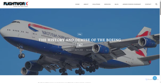 Security scan screenshot of https://www.flightworx.aero/blog/history-and-demise-of-the-boeing-747/