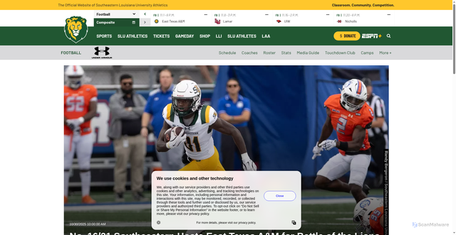Security scan screenshot of https://lionsports.net/news/2025/10/30/football-no-16-21-southeastern-hosts-east-texas-am-for-battle-of-the-lions.aspx