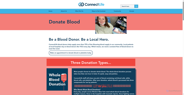 Security scan screenshot of https://www.connectlife.org/donate-blood