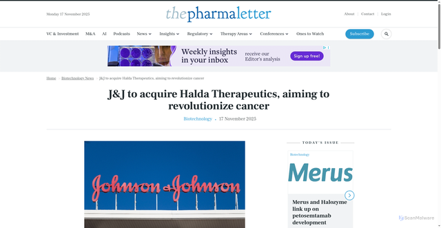 Security scan screenshot of https://www.thepharmaletter.com/biotechnology/j-and-j-to-acquire-halda-therapeutics-aiming-to-revolutionize-cancer