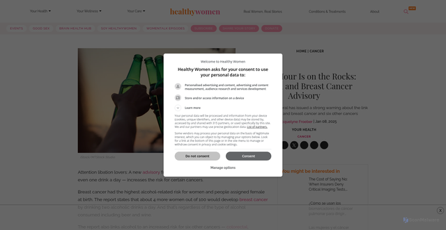 Security scan screenshot of https://www.healthywomen.org/your-health/alcohol-and-breast-cancer