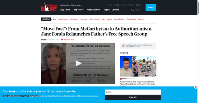 Security scan screenshot of https://www.democracynow.org/2025/10/3/jane_fonda_committee_for_first_amendment