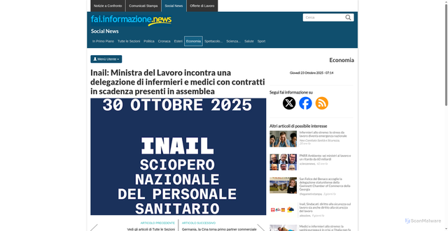 Security scan screenshot of https://fai.informazione.news/DC2CB17B-78F4-4D02-BA54-846E0371CD5A/Inail-Ministra-del-Lavoro-incontra-una-delegazione-di-infermieri-e-medici-con-contratti-in-scadenza-presenti-in-assemblea