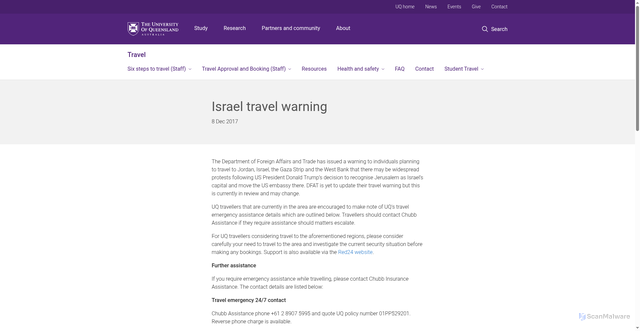 Security scan screenshot of https://travel.uq.edu.au/article/2017/12/israel-travel-warning