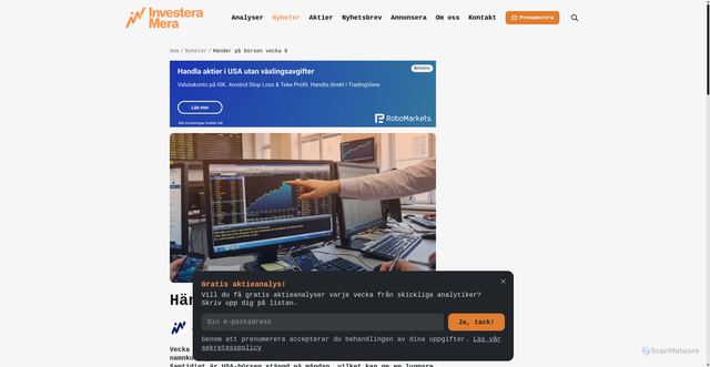 Security scan screenshot of https://www.investeramera.se/nyheter/haender-pa-boersen-vecka-8?utm_source=newsletter&utm_medium=email&utm_campaign=veckans_analys_talande_potential_i_skalbar_nisch&utm_term=2026-02-16