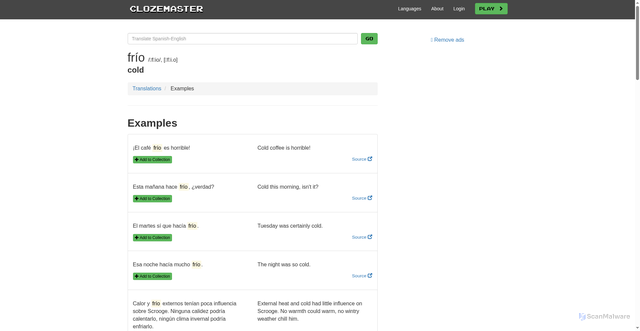 Security scan screenshot of https://www.clozemaster.com/examples/spa-eng/fr%C3%ADo?page=2