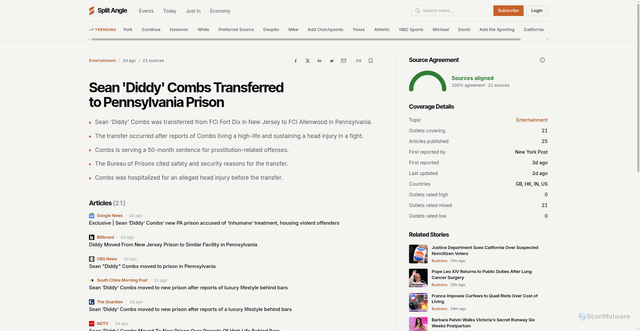 Security scan screenshot of https://www.splitangle.com/story/sean-diddy-combs-released-from-prison-after-head-injury