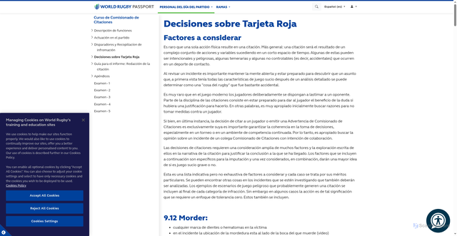 Security scan screenshot of https://passport.world.rugby/es/personal-del-dia-del-partido/curso-de-comisionado-de-citaciones/decisiones-sobre-tarjeta-roja/