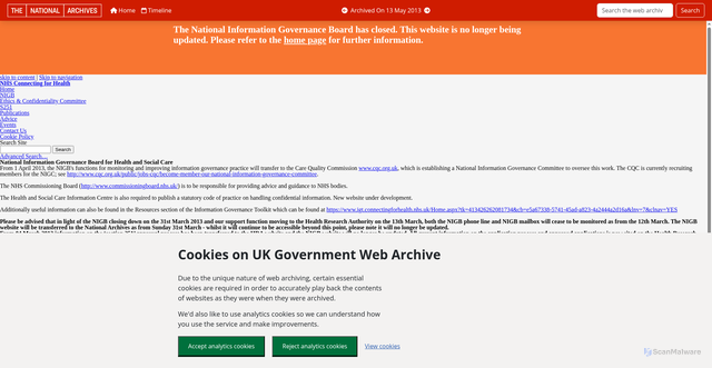 Security scan screenshot of https://webarchive.nationalarchives.gov.uk/ukgwa/20130513181011/http://www.nigb.nhs.uk/