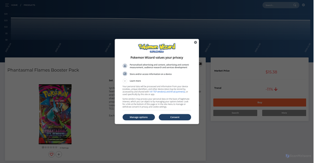 Security scan screenshot of https://www.pokemonwizard.com/products/654144/phantasmal-flames-booster-pack
