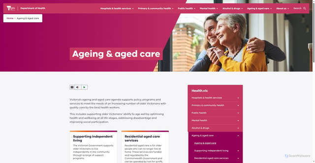 Security scan screenshot of https://www.health.vic.gov.au/ageing-and-aged-care