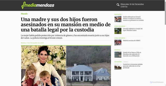 Security scan screenshot of https://mediamendoza.com/mundo/243567-Una-madre-y-sus-dos-hijos-fueron-asesinados-en-su-mansion-en-medio-de-una-batalla-legal-por-la-custodia