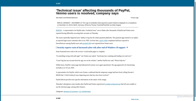 Security scan screenshot of https://www.wjbf.com/news/business-consumer/technical-issue-affecting-thousands-of-paypal-venmo-users-is-resolved-company-says/amp/