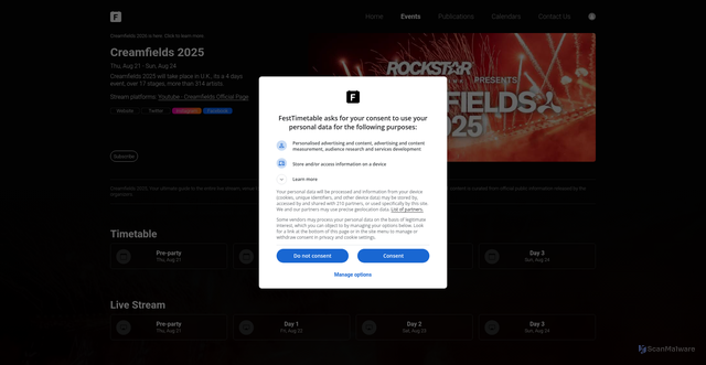 Security scan screenshot of https://festtimetable.com/en-US/events/creamfields-2025