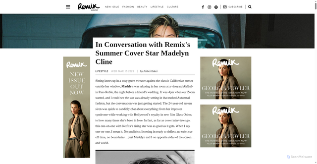 Security scan screenshot of https://www.remixmagazine.com/lifestyle/in-conversation-with-summer-cover-star-madelyn-cline/