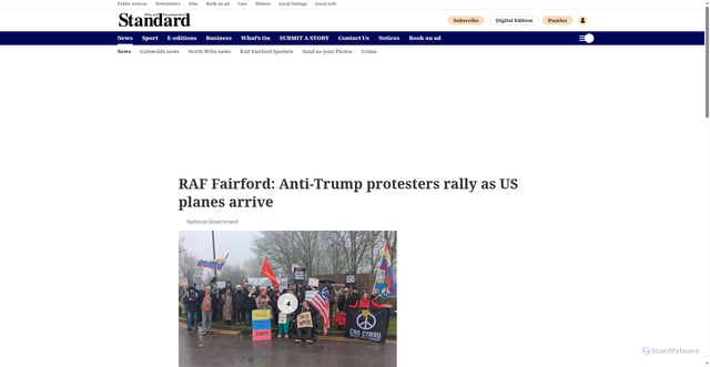 Security scan screenshot of https://www.wiltsglosstandard.co.uk/news/25775394.raf-fairford-anti-trump-protesters-rally-us-planes-arrive/