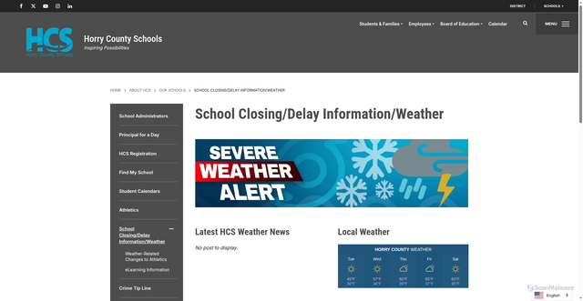 Security scan screenshot of https://www.horrycountyschools.net/about-hcs/our-schools/school-closingdelay-information