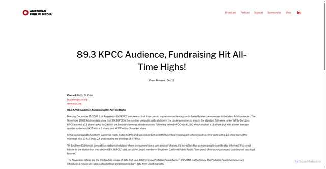 Security scan screenshot of https://www.americanpublicmedia.org/blog/89-3-kpcc-audience-fundraising-hit-all-time-highs