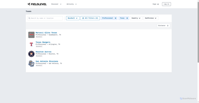 Security scan screenshot of https://www.fieldlevel.com/app/teams?sportEnum=baseball&athleticAssociation=4096&state=tx