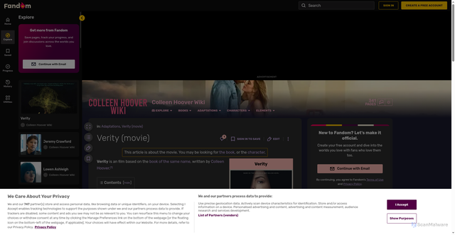 Security scan screenshot of https://colleen-hoover.fandom.com/wiki/Verity_(movie)