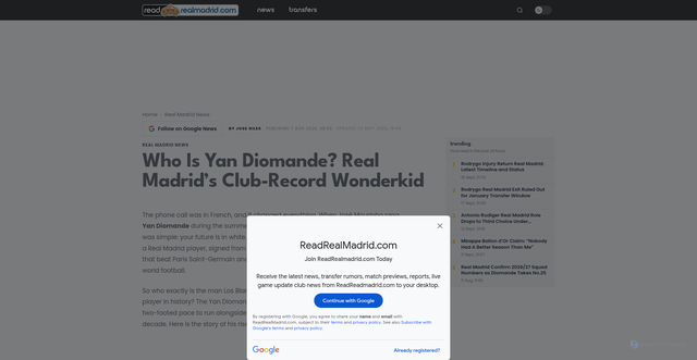 Security scan screenshot of https://readrealmadrid.com/news/yan-diomande-real-madrid-profile/