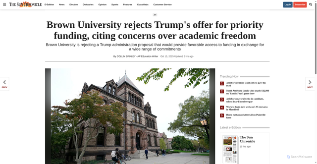 Security scan screenshot of https://www.thesunchronicle.com/news/nation_world/brown-university-rejects-trumps-offer-for-priority-funding-citing-concerns-over-academic-freedom/article_9bb13ac4-d2e4-5af8-8138-19990bd015cd.html