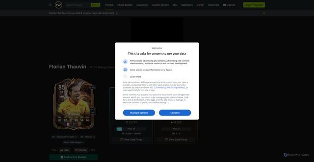Security scan screenshot of https://www.futwiz.com/fc26/player/florian-thauvin/20450
