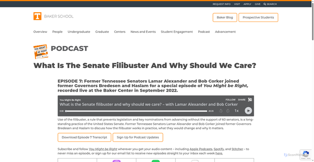 Security scan screenshot of https://baker.utk.edu/podcast/what-is-the-senate-filibuster-and-why-should-we-care/